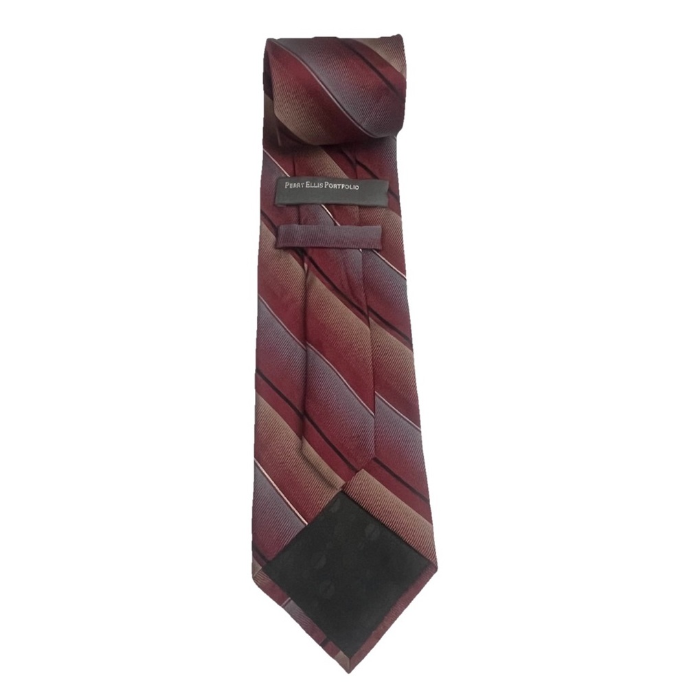 Perry Ellis Portfolio 100% Silk Designer Tie Maroon Striped Retro Office Necktie - Picture 4 of 5